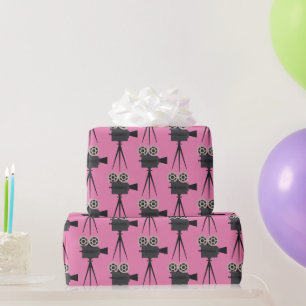 Retro Movie Cameras on Pink Wrapping Paper