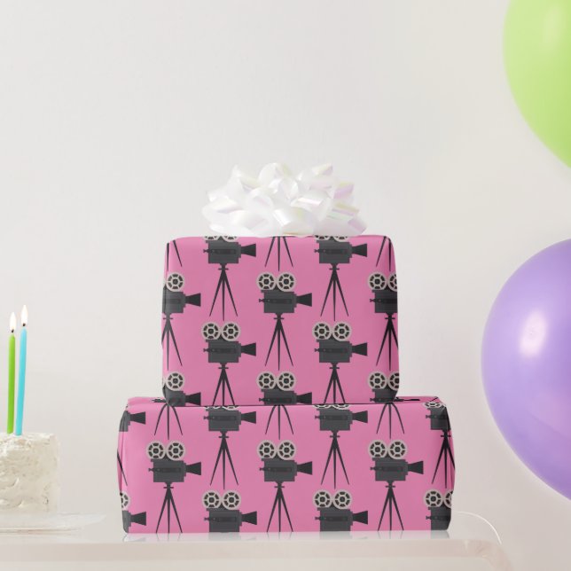 Retro Movie Cameras on Pink Wrapping Paper (Party Gifts)
