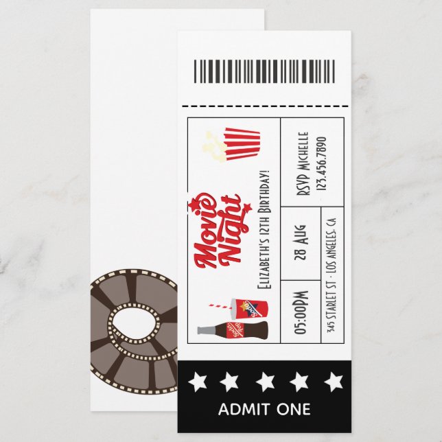 Retro Movie Night Birthday Party Ticket Invitation (Front/Back)