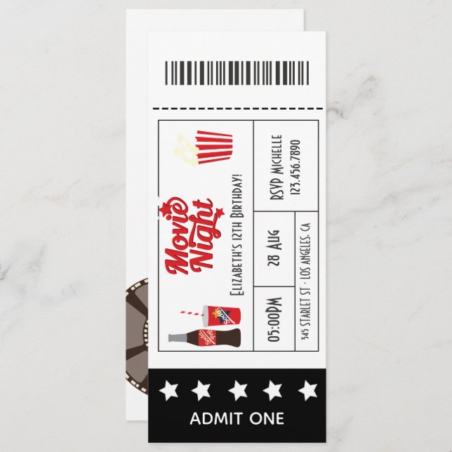 Retro Movie Night Birthday Party Ticket Invitation (Front/Back)