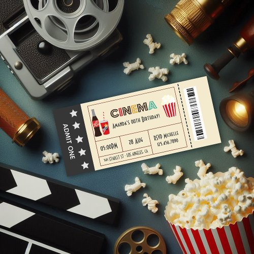 Retro Movie Night Birthday Party Ticket Invitation