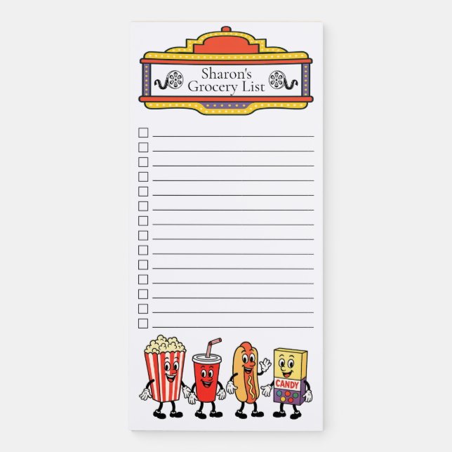 Retro Movie Snacks Grocery List Magnetic Notepad (Front)