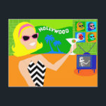 Retro Movie Star Postcard<br><div class="desc">This Retro Movie Star Postcard will have you ready to pull out your autograph book. The 1960's minimalist art design features a cartoon drawing of a beautiful, glamorous movie star in her mid century modern home. The blonde bombshell is toasting her success with a raised martini glass. She is wearing...</div>