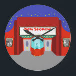 Retro Movie Theater Acrylic Round Wall Clock<br><div class="desc">The stars are out in full force on this Retro Movie Theater Acrylic Round Wall Clock--both the stars in the night sky and the stars on the silver screen. This 1960's style, minimalist art design features the exterior of a classic movie house from the Golden Age of Cinema. The red...</div>