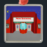 Retro Movie Theater Christmas Ornament<br><div class="desc">The stars are out in full force on this Retro Movie Theater Christmas Ornament--both the stars in the night sky and the stars on the silver screen. This 1960's style, minimalist art design features the exterior of a classic movie house from the Golden Age of Cinema. The red building has...</div>