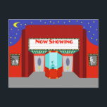 Retro Movie Theater Postcard<br><div class="desc">The stars are out in full force on this Retro Movie Theater Postcard--both the stars in the night sky and the stars on the silver screen. This 1960's style, minimalist art design features the exterior of a classic movie house from the Golden Age of Cinema. The red building has a...</div>