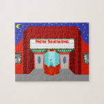 Retro Movie Theater Puzzle<br><div class="desc">The stars are out in full force on this Retro Movie Theater Puzzle--both the stars in the night sky and the stars on the silver screen. This 1960's style, minimalist art design features the exterior of a classic movie house from the Golden Age of Cinema. The red building has a...</div>