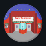 Retro Movie Theater Round Magnet<br><div class="desc">The stars are out in full force on this Retro Movie Theater Round Magnet--both the stars in the night sky and the stars on the silver screen. This 1960's style, minimalist art design features the exterior of a classic movie house from the Golden Age of Cinema. The red building has...</div>