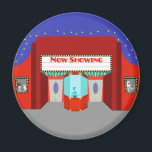 Retro Movie Theater Round Magnet<br><div class="desc">The stars are out in full force on this Retro Movie Theater Round Magnet--both the stars in the night sky and the stars on the silver screen. This 1960's style, minimalist art design features the exterior of a classic movie house from the Golden Age of Cinema. The red building has...</div>