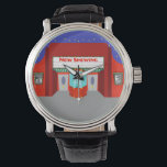 Retro Movie Theater Watch<br><div class="desc">The stars are out in full force on this Retro Movie Theater Watch--both the stars in the night sky and the stars on the silver screen. This 1960's style, minimalist art design features the exterior of a classic movie house from the Golden Age of Cinema. The red building has a...</div>