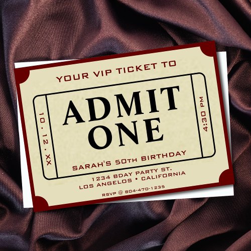 Retro Movie Ticket Admit One 50th Birthday Party Invitation