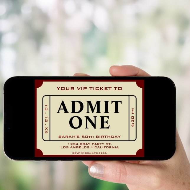 Retro Movie Ticket Admit One 50th Birthday Party Invitation (Front Digital)