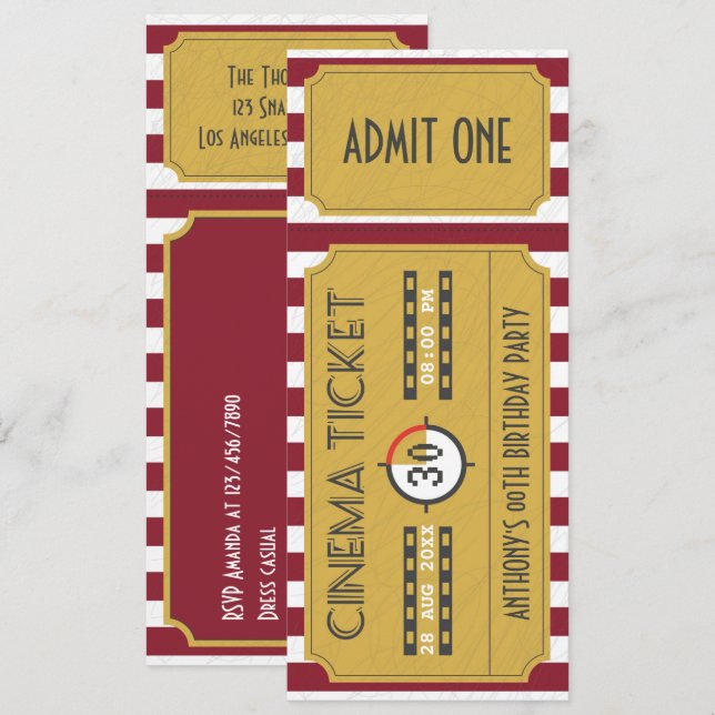 Retro Movie Ticket Any Age Birthday Party Invitation (Front/Back)