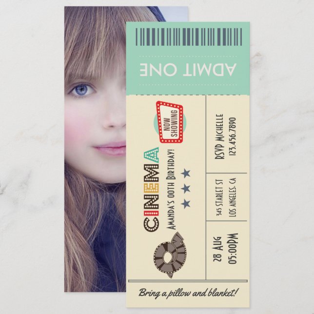 Retro Movie Ticket Birthday Party Photo Invite (Front/Back)