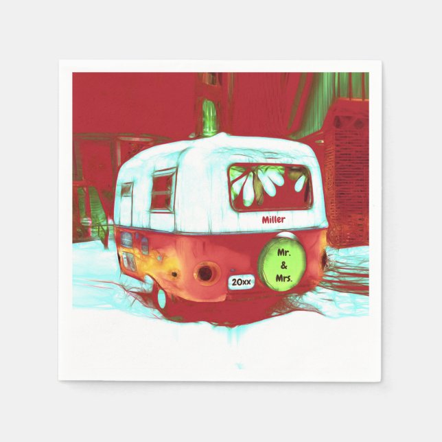 Retro Mr. And Mrs. Christmas Red Green Camper Napkins (Front)