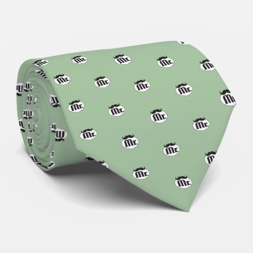 Retro Mr Moustache Black and White on Green Neck Tie