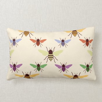 Retro Multi Color Rainbow Bees Bumblebees Pattern Lumbar Pillow by iBella at Zazzle