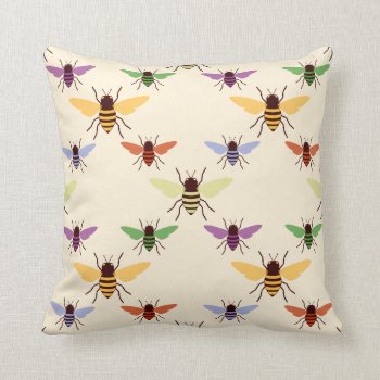 Retro Multi Color Rainbow Bees Bumblebees Pattern Throw Pillow by iBella at Zazzle