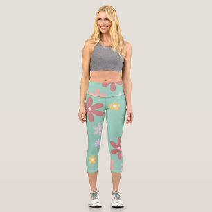 Retro Multi-Colored Daisy Pattern Capri Leggings