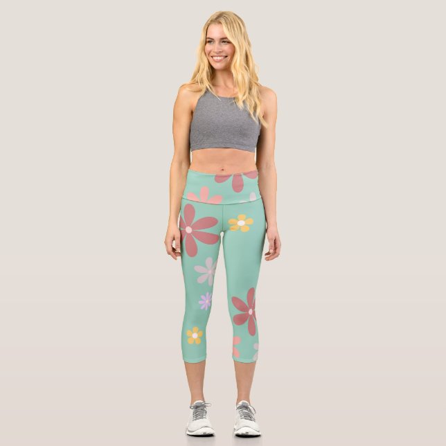 Retro Multi-Colored Daisy Pattern Capri Leggings (Front)