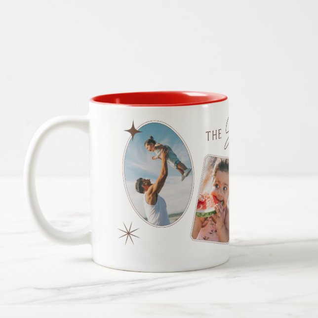 Retro Multi Photo Collage Custom Name Red Interior Two-Tone Coffee Mug (Left)