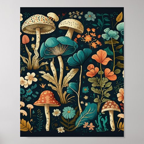 Retro Mushroom and Flower Illustration Design Poster
