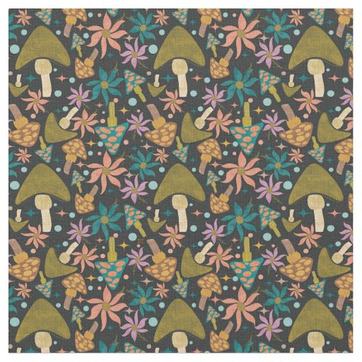 Retro Mushroom Floral Black Pattern Fabric