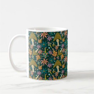 Retro Mushroom Green Floral Pattern Coffee Mug