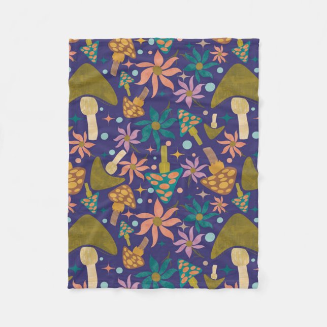 Retro Mushroom Purple Woodland Fleece Blanket (Front)