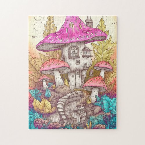 Retro Mushroom Village Illustration Art Jigsaw Puzzle