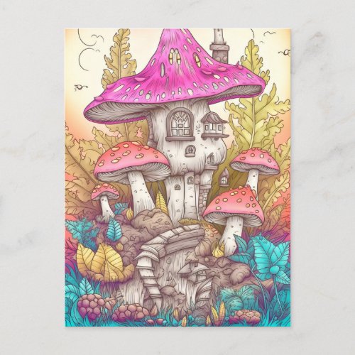 Retro Mushroom Village Illustration Art Postcard