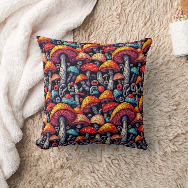 Retro Mushroom Whimsy Throw Pillow (Blanket)