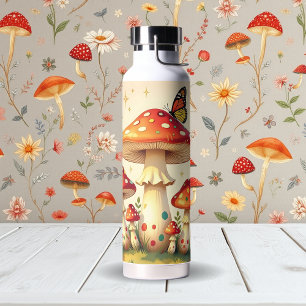 Retro Mushrooms and Butterfly Vintage Colors Water Bottle