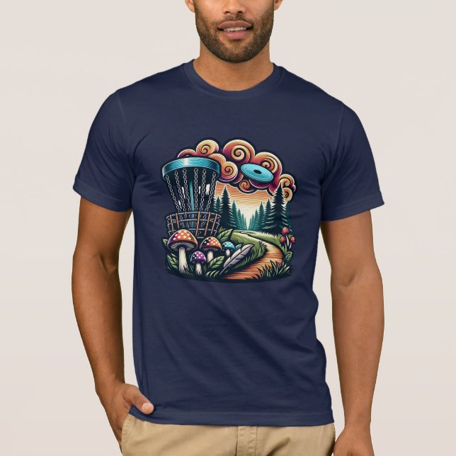 Retro Mushrooms and Disc Golf Course Ai Art T-Shirt (Front)