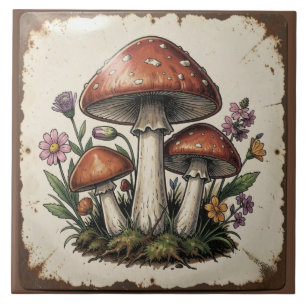 Retro Mushrooms and Flowers Vintage Vibes Ceramic Tile