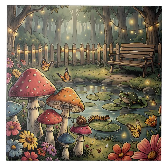 Retro Mushrooms and Flowers Vintage Vibes Ceramic Tile (Front)