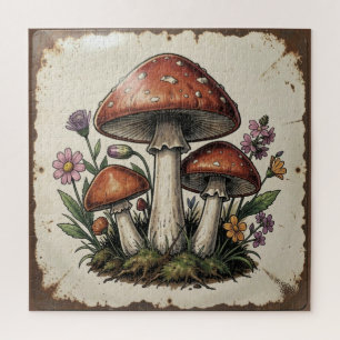 Retro Mushrooms and Flowers Vintage Vibes Jigsaw Puzzle
