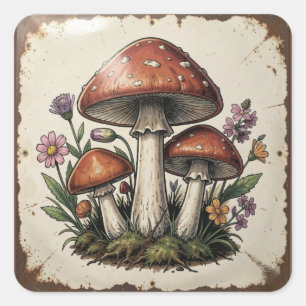 Retro Mushrooms and Flowers Vintage Vibes Square Sticker