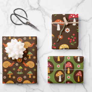 Retro Mushrooms Cottagecore Trio Wrapping Paper Sheets