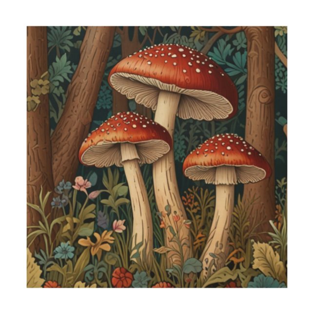 Retro mushrooms elegant woodland wood wall art (Front)