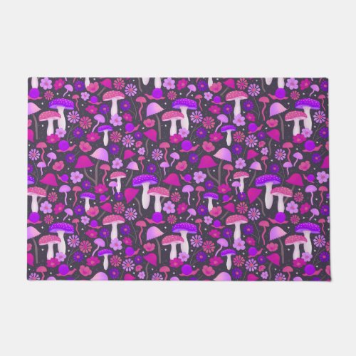 Retro Mushrooms  Flowers Purple Pink  Black Doormat