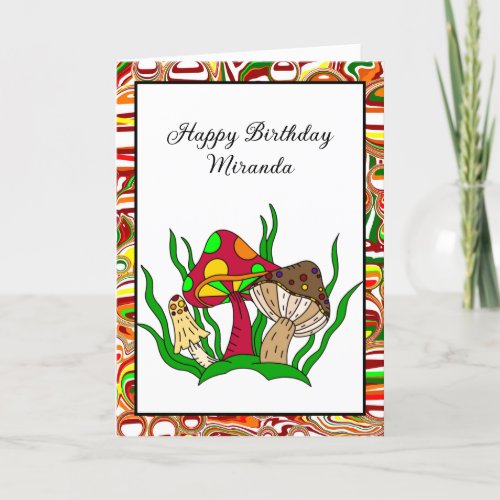 Retro Mushrooms Personalized Happy Birthday   Card