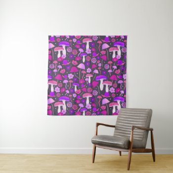 Retro Mushrooms Psychedelic Purple  Pink & Black Tapestry by dulceevents at Zazzle