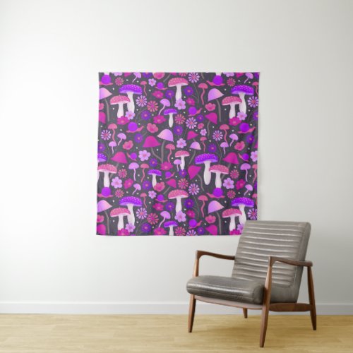 Retro Mushrooms Psychedelic Purple Pink  Black Tapestry