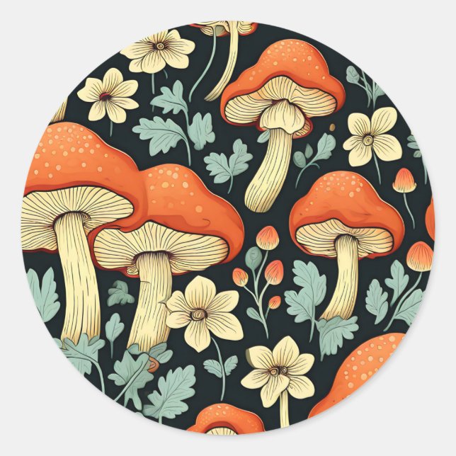 Retro Mushrooms Vintage Flowers Classic Round Sticker (Front)