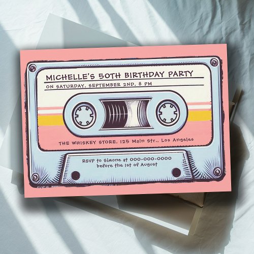 Retro Music 80 Cassette Tape Mix Fun 50th Birthday Invitation