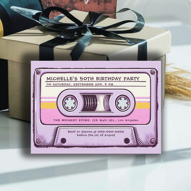 Retro Music 80s Cassette Mixtape 50th Birthday Invitation (cassette mixtape 80s nostalgia 50th birthday party women vintage retro 70s 60s fun music purple chic)