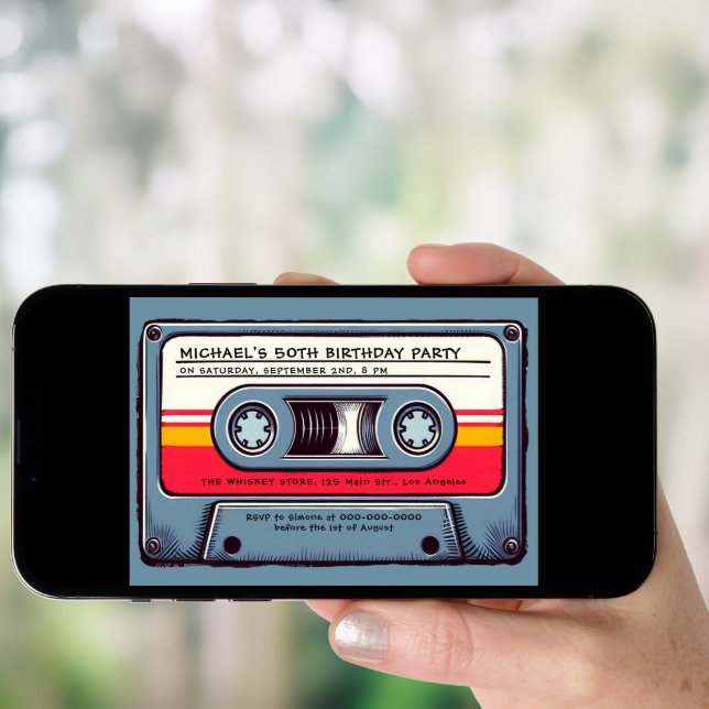 Retro Music 80s Cassette Mixtape Men 50th Birthday Invitation (Front Digital)
