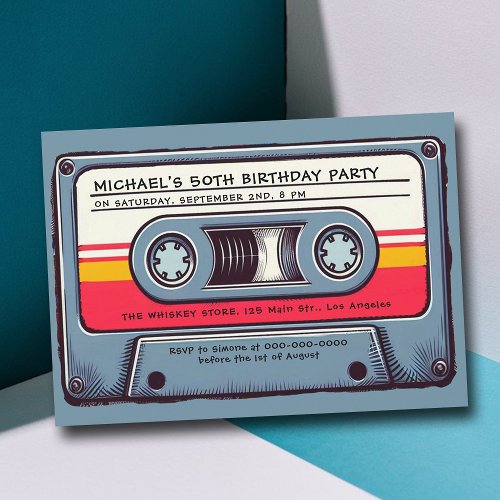 Retro Music 80s Cassette Mixtape Men 50th Birthday Invitation