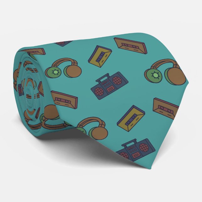 Retro Music Audio Collage Pattern Teal Neck Tie (Rolled)